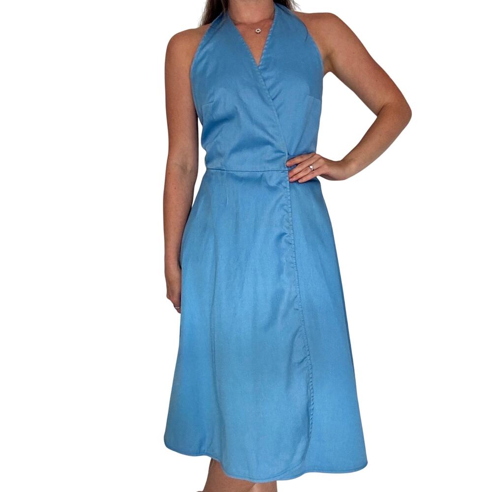 Vintage 1970s Wrap Dress Ellen Tracy Bonwit Teller Blue Cotton Fit & Flare - Picture 6 of 13